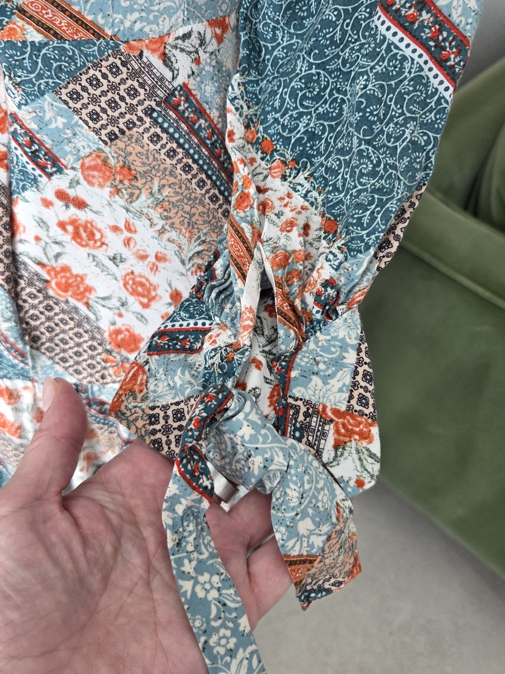 Jaase Patchwork Floral Tiered Midi Dress Boho Long Sleeve Teal Orange Size Small - Picture 7 of 10